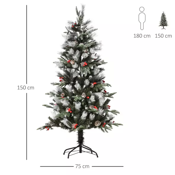 HOMCOM 5FT Artificial Snow Dipped Christmas Tree Xmas Pencil Tree Holiday Home Party Decoration with Foldable Feet Red Berries White Pinecones, Green - 3