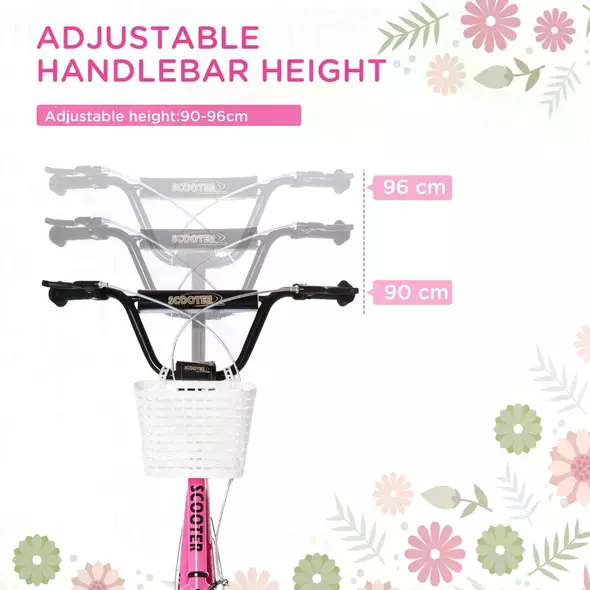 HOMCOM Kids Scooter, Kick Stunt Scooter with Adjustable Handlebar, Dual Brakes, Basket, Cupholder, Mudguard, 16" Inflatable Rubber Wheels, for 5-12 years, Pink - 4