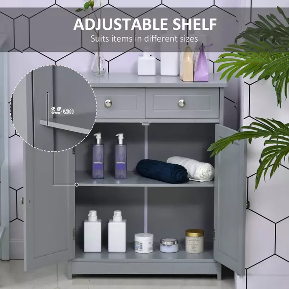 kleankin 75x60cm Freestanding Bathroom Storage Cabinet Unit w/ 2 Drawers Cupboard Adjustable Shelf Metal Handles Traditional Style Grey - 5