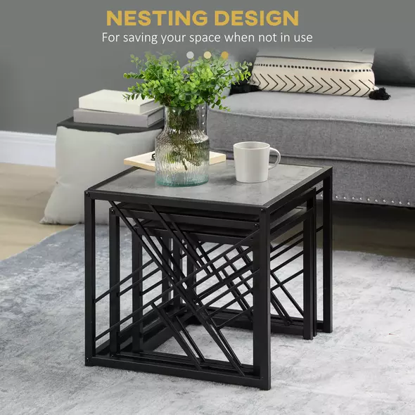 HOMCOM Nesting Coffee Tables, Set of 3 Square Side Tables with Black Metal Frame, for Living Room, Bedroom and Office, Grey - 5