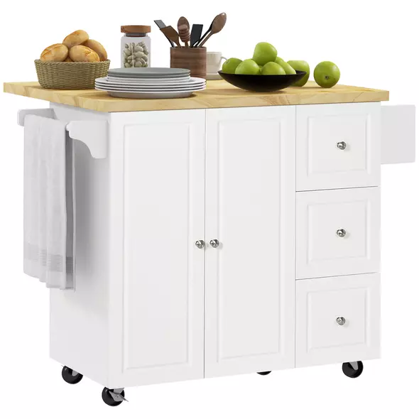 HOMCOM Kitchen Island on Wheels, Rolling Kitchen Storage Trolley with Drop Leaf, Drawers, Towel and Spice Rack, White - 3