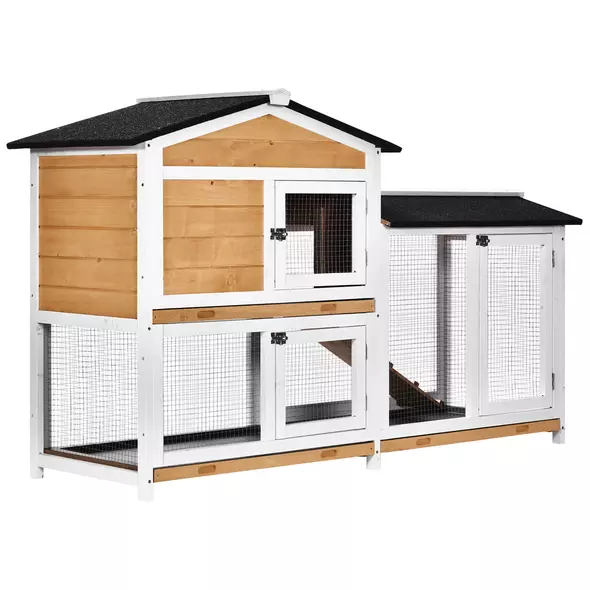 PawHut Rabbit Hutch Guinea Pig Hutch Wooden House with Run, 2 Tier Pet Cage Outdoor with No-leak Plastic Trays, 157.4 x 53 x 93.5cm, Yellow - 1
