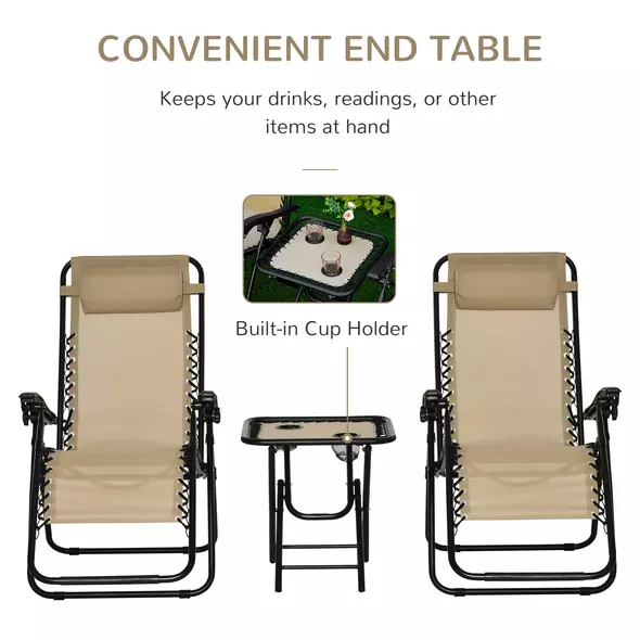 Outsunny Folding Zero Gravity Chairs, 3 Pieces Adjustable Sun Lounger and Table Set with Cup Holder and Headrest, Patio Bistro Set with Reclining Garden Chairs for Outdoor, Beige - 5