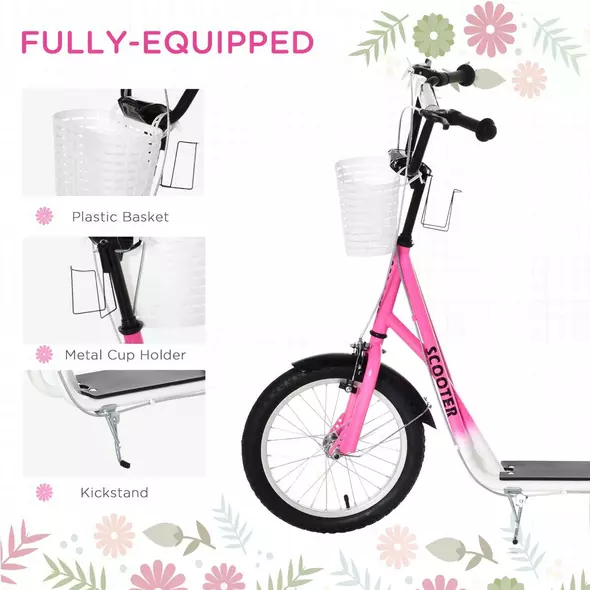 HOMCOM Kids Scooter, Kick Stunt Scooter with Adjustable Handlebar, Dual Brakes, Basket, Cupholder, Mudguard, 16" Inflatable Rubber Wheels, for 5-12 years, Pink - 5