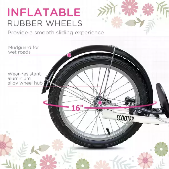 HOMCOM Kids Scooter, Kick Stunt Scooter with Adjustable Handlebar, Dual Brakes, Basket, Cupholder, Mudguard, 16" Inflatable Rubber Wheels, for 5-12 years, Pink - 6