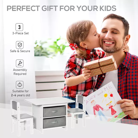 HOMCOM 3 Pcs Kids Table & Chairs Set Mini Seating Furniture Home Playroom Bedroom Dining Room w/ Storage Drawers Safe Corners for 2-4 Years old White - 7