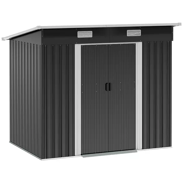 Outsunny 7 x 4ft Outdoor Storage Shed with Foundation Kit, Lean to Metal Garden Shed for Log, Rubbish Bin, Tool, Lawnmower, Bike, Patio and Lawn Use, Black - 1