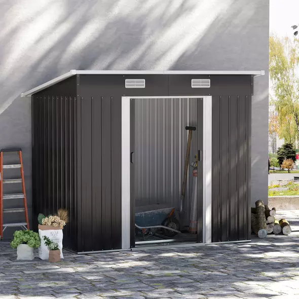 Outsunny 7 x 4ft Outdoor Storage Shed with Foundation Kit, Lean to Metal Garden Shed for Log, Rubbish Bin, Tool, Lawnmower, Bike, Patio and Lawn Use, Black - 2