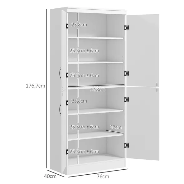 HOMCOM 4-Door Tall Kitchen Cupboard, Freestanding 6-Tier Storage Cabinet with 2 Adjustable Shelves for Living Room, Dining Room, White - 3
