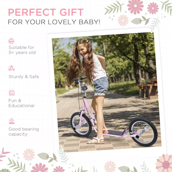 HOMCOM Stunt Scooter, Kids Scooter with 16" Big Wheels, Adjustable Height, Dual Brakes, for Ages 5+ Years, Pink - 6