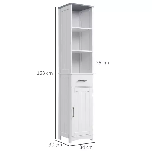 kleankin Tall Bathroom Storage Cabinet with 3 Tier Shelf, Cupboard, Drawer, Door, Freestanding Linen Tower, Slim Side Organizer, White - 3