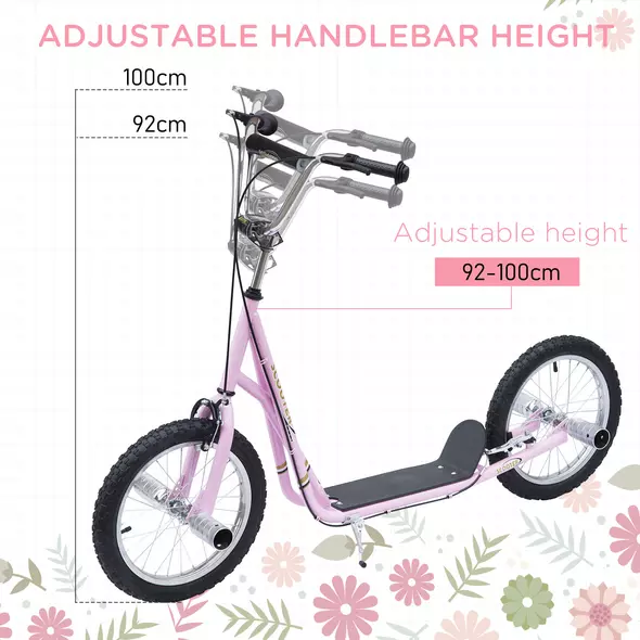 HOMCOM Stunt Scooter, Kids Scooter with 16" Big Wheels, Adjustable Height, Dual Brakes, for Ages 5+ Years, Pink - 4