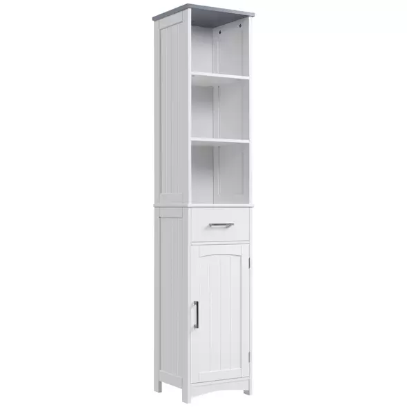 kleankin Tall Bathroom Storage Cabinet with 3 Tier Shelf, Cupboard, Drawer, Door, Freestanding Linen Tower, Slim Side Organizer, White - 1