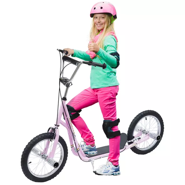 HOMCOM Stunt Scooter, Kids Scooter with 16" Big Wheels, Adjustable Height, Dual Brakes, for Ages 5+ Years, Pink - 1