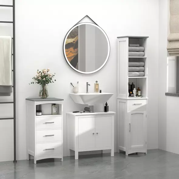 kleankin Tall Bathroom Storage Cabinet with 3 Tier Shelf, Cupboard, Drawer, Door, Freestanding Linen Tower, Slim Side Organizer, White - 9