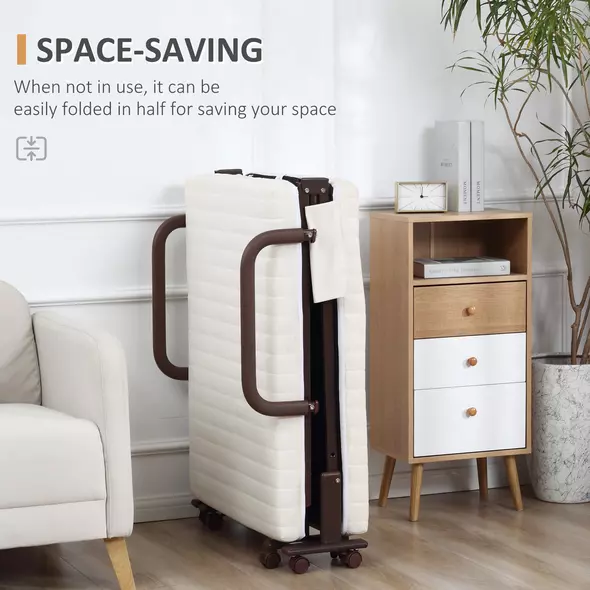 HOMCOM Folding Bed with Mattress, Single Guest Bed, Portable Fold Bed with Adjustable Backrest, Metal Frame on Wheels, White, 190 x 76 cm - 5