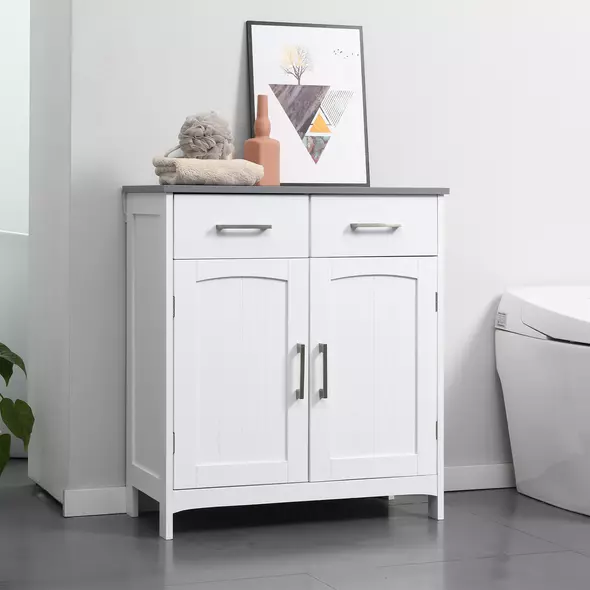 kleankin Freestanding Bathroom Cabinet, Storage Cupboard with 2 Drawers, Double Doors, Adjustable Shelf, White - 2