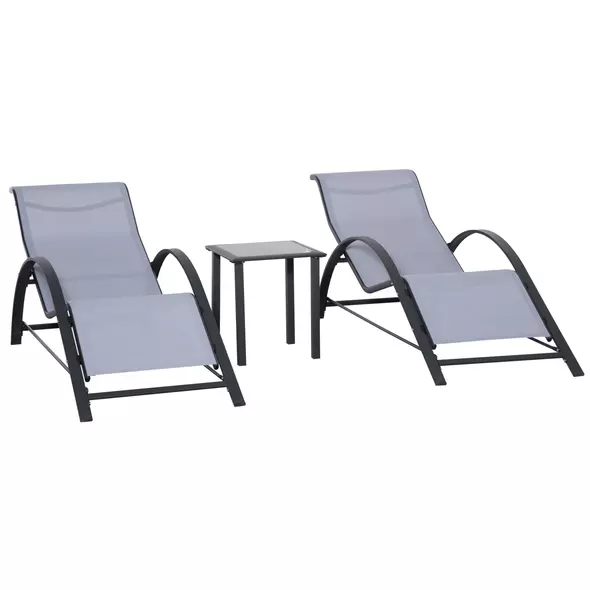 Outsunny 3 Pieces Lounge Chair Set Metal Frame Garden Outdoor Recliner Sunbathing Chair with Table, Light Grey - 1