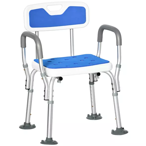 HOMCOM EVA Padded Shower Chair for the Elderly and Disabled, Height Adjustable Shower Stool with Back and Arms, 4 Suction Foot Pads, Blue - 1