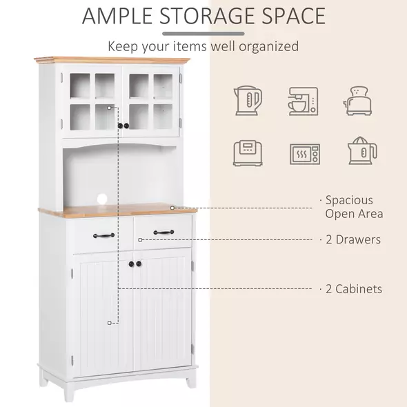 HOMCOM Freestanding Kitchen Cupboard, Kitchen Storage Cabinet with Framed Glass Doors, 2 Drawers, Microwave Counter, 172cm, White - 4