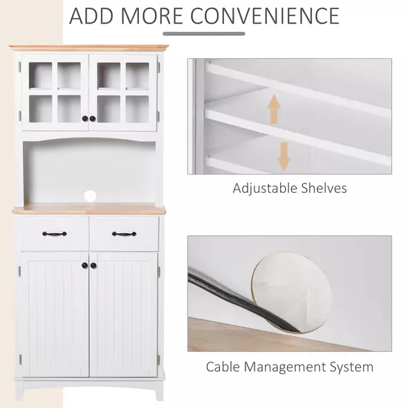 HOMCOM Freestanding Kitchen Cupboard, Kitchen Storage Cabinet with Framed Glass Doors, 2 Drawers, Microwave Counter, 172cm, White - 5