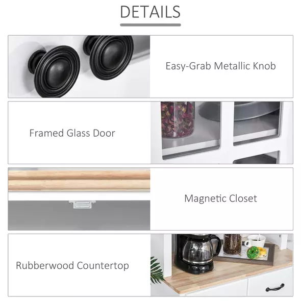 HOMCOM Freestanding Kitchen Cupboard, Kitchen Storage Cabinet with Framed Glass Doors, 2 Drawers, Microwave Counter, 172cm, White - 7