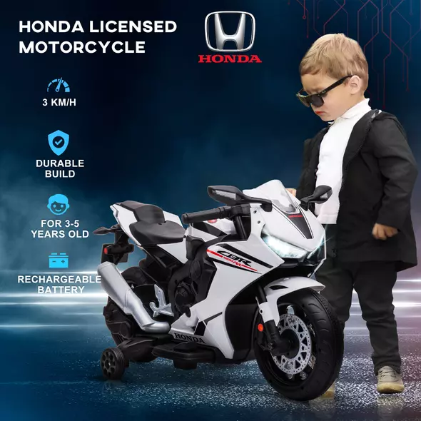HOMCOM 6V Honda Licensed Kids Motorcycle w/ Music, Training Wheels - White - 6