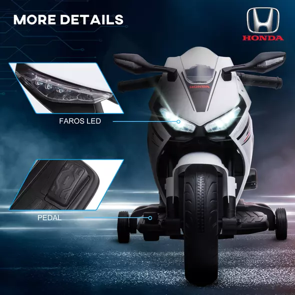 HOMCOM 6V Honda Licensed Kids Motorcycle w/ Music, Training Wheels - White - 7