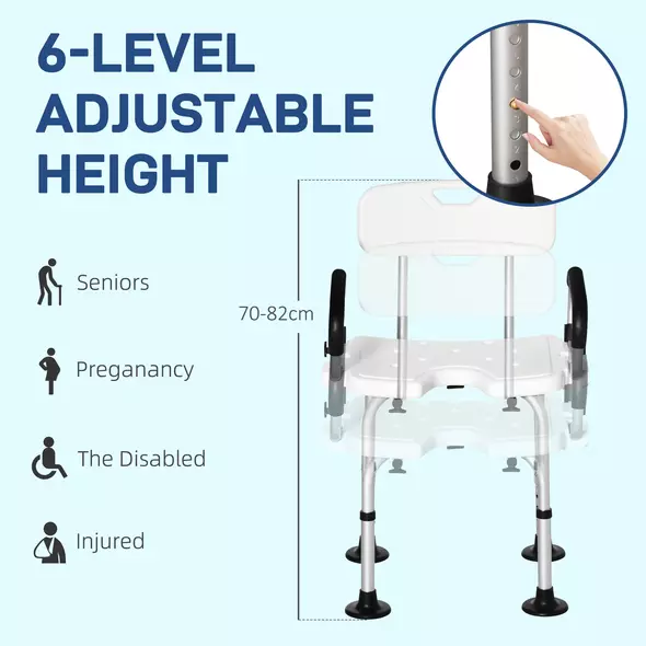HOMCOM Shower Chair for the Elderly and Disabled, Height Adjustable Shower Stool with Back and Flipped Padded Arms, Suction Foot Pads, White - 6