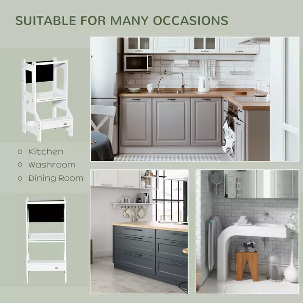 HOMCOM 2 in 1 Kids Kitchen Step Stool with Safety Rail Toddler Steps with Chalkboard for Kitchen Bathroom, White - 7