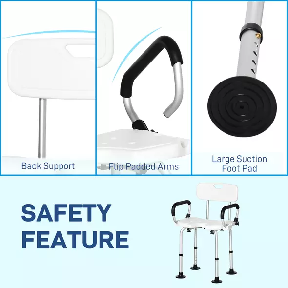 HOMCOM Shower Chair for the Elderly and Disabled, Height Adjustable Shower Stool with Back and Flipped Padded Arms, Suction Foot Pads, White - 5