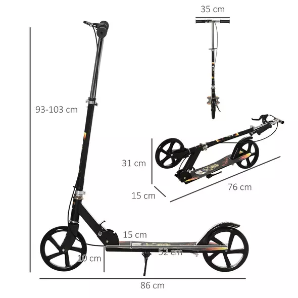 HOMCOM Kids Foldable Kick Scooter w/ Adjustable Height, Break, Big Wheels, for Ages 7-14 Years - Black - 3