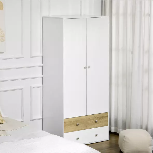 HOMCOM 2-Door Wardrobe with 2 Drawers, Hanging Rod and Anti-tipping Straps for Bedroom Clothes Storage Organisation, White - 2