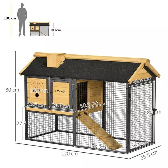 PawHut Outdoor Rabbit Hutch, with Run, Removable Tray, Asphalt Roof, 120 x 55.5 x 80cm - 3