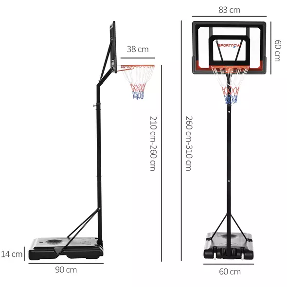 SPORTNOW 2.6-3.1m Adjustable Basketball Hoop and Basketball Stand w/ Backboard and Weighted Base, Portable on Wheels, Black - 3