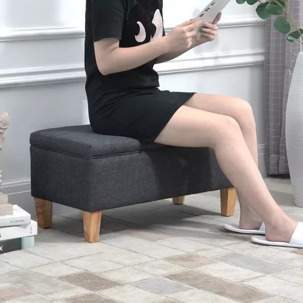 HOMCOM 30L Linen Storage Ottoman Padded Footstool with Rubberwood Legs for Storage Box, Bed End, Shoe Bench, Seating, Dark Grey - 7