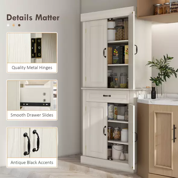 HOMCOM Tall Kitchen Cupboard, Kitchen Pantry Cabinet with Drawer, Shelves, Cream White - 6