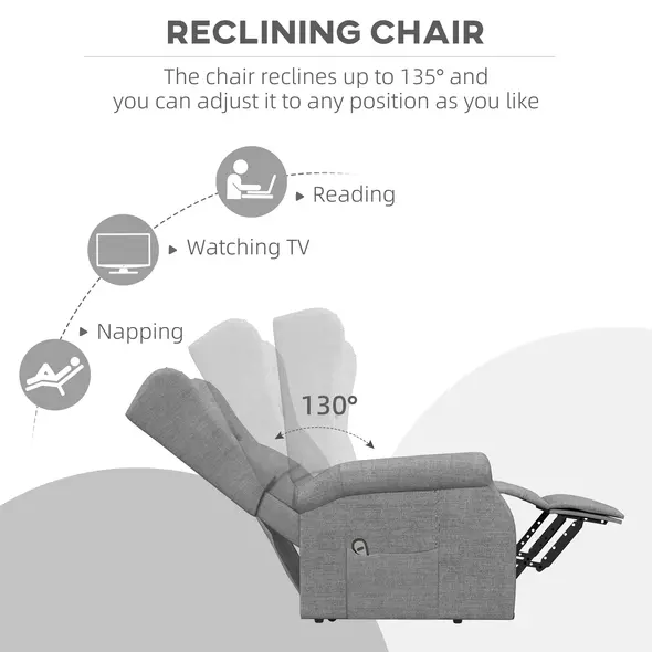 HOMCOM Power Lift Recliner Armchair, Electric Lift Chair for Elderly, Fabric Riser and Reclining Chair with Remote Control, Side Pockets, Extended Footrest, for Living Room, Grey - 5