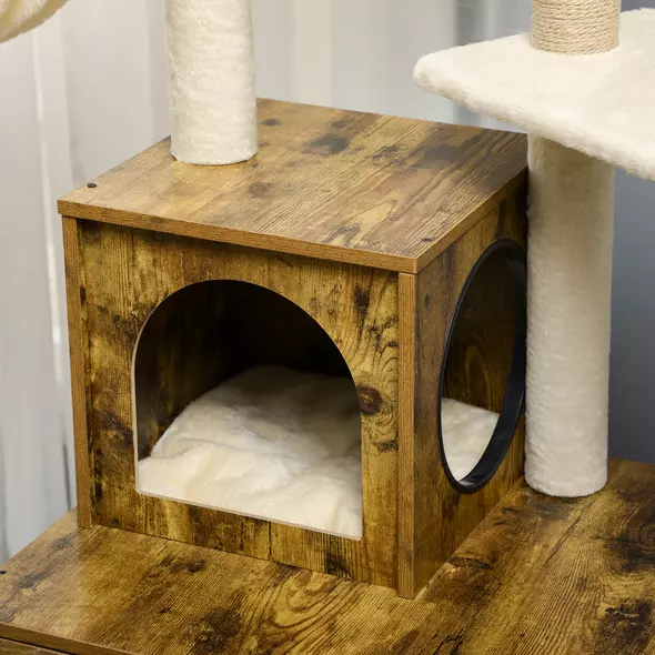 PawHut Cat Litter Box Enclosure, with Tree Tower, Cat House, Hammock, Cushion - Rustic Brown - 8