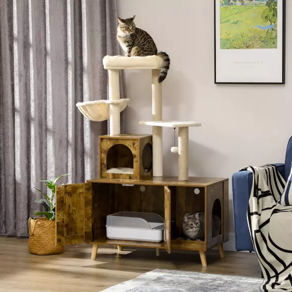 PawHut Cat Litter Box Enclosure, with Tree Tower, Cat House, Hammock, Cushion - Rustic Brown - 2