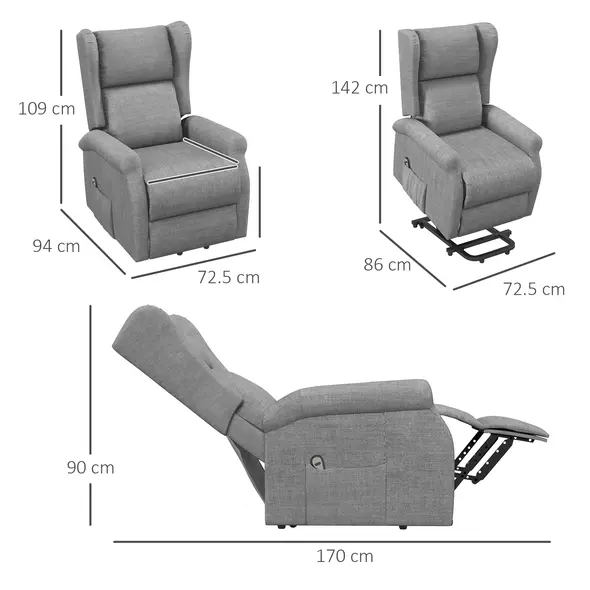 HOMCOM Power Lift Recliner Armchair, Electric Lift Chair for Elderly, Fabric Riser and Reclining Chair with Remote Control, Side Pockets, Extended Footrest, for Living Room, Grey - 3