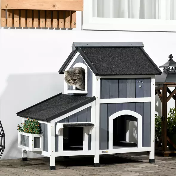 PawHut Wooden Cat House with Flower Pot, Windows, Multiple Entrances, Water-Resistant Roof for Outdoor - Grey - 2