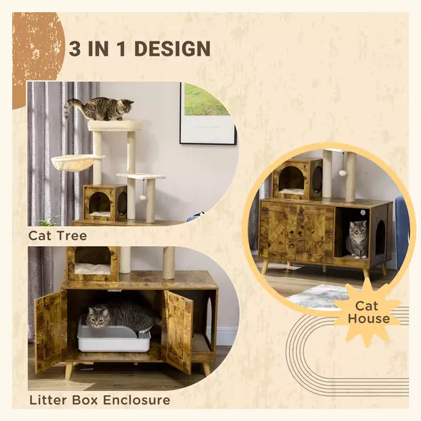 PawHut Cat Litter Box Enclosure, with Tree Tower, Cat House, Hammock, Cushion - Rustic Brown - 4