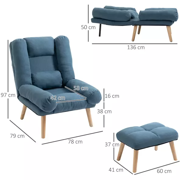 HOMCOM Armchair with Footstool, 180° Recliner with Ottoman, Accent Chair and Footstool with 3-Position Adjustable Backrest and Wooden Legs for Living Room, Blue - 3
