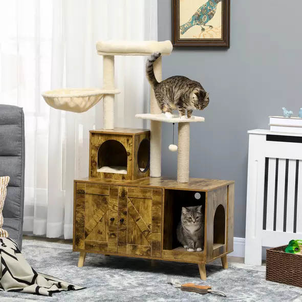 PawHut Cat Litter Box Enclosure, with Tree Tower, Cat House, Hammock, Cushion - Rustic Brown - 9