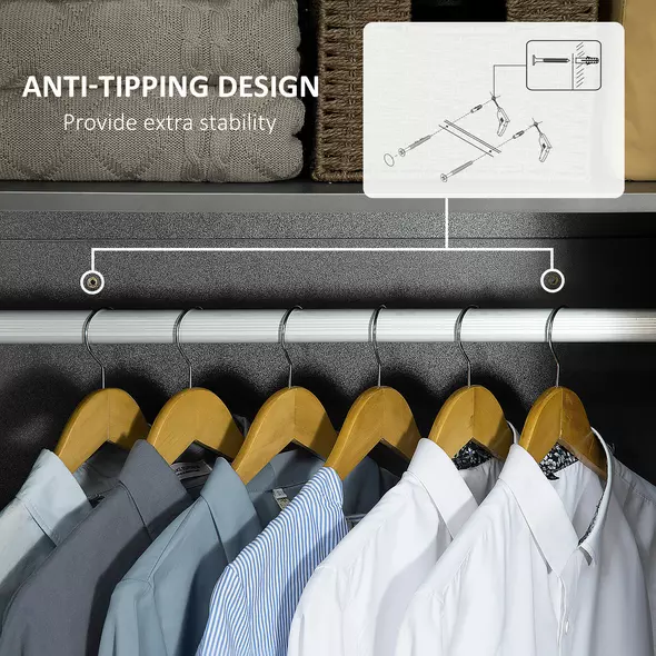 HOMCOM High Gloss Wardrobe, 2 Door Wardrobe with Hanging Rod and Storage Shelf, Clothes Storage Organizer with Anti-tipping Design for Bedroom, Grey - 6