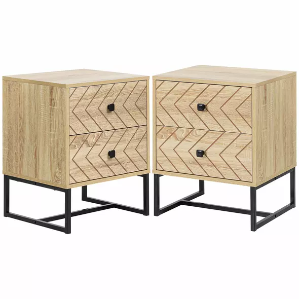 HOMCOM Bedside Table Nightstand Two-Drawer Bedroom Storage Unit Zig Zag Design with Black Metal Handles, Set of 2, Natural - 1