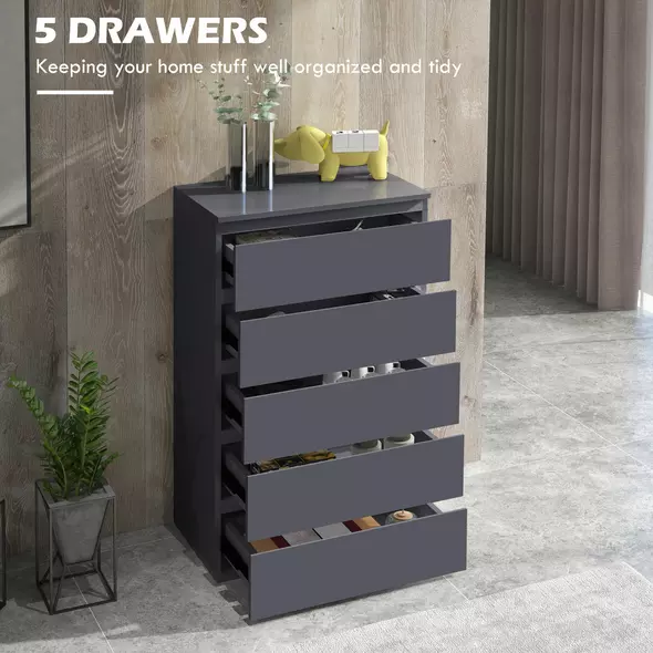 HOMCOM 5-Drawer Modern Dresser, High Gloss Storage Drawer Unit for Bedroom, Grey - 4