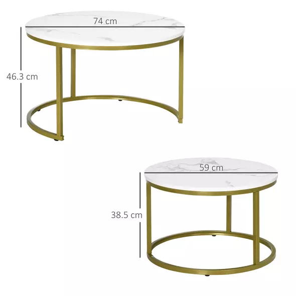 HOMCOM Coffee Table Set of 2, Round Nest of Tables with Metal Frame, Modern Side Tables for Living Room, White - 3