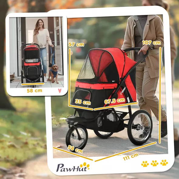 PawHut Foldable Pet Stroller with Three Wheels, for Small, Medium Dogs, Red - 3
